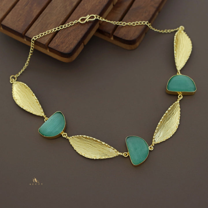 Semi Circle Golden Textured Leaf Short Neckpiece