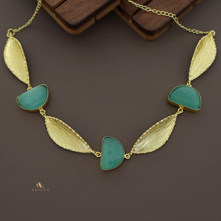 Semi Circle Golden Textured Leaf Short Neckpiece