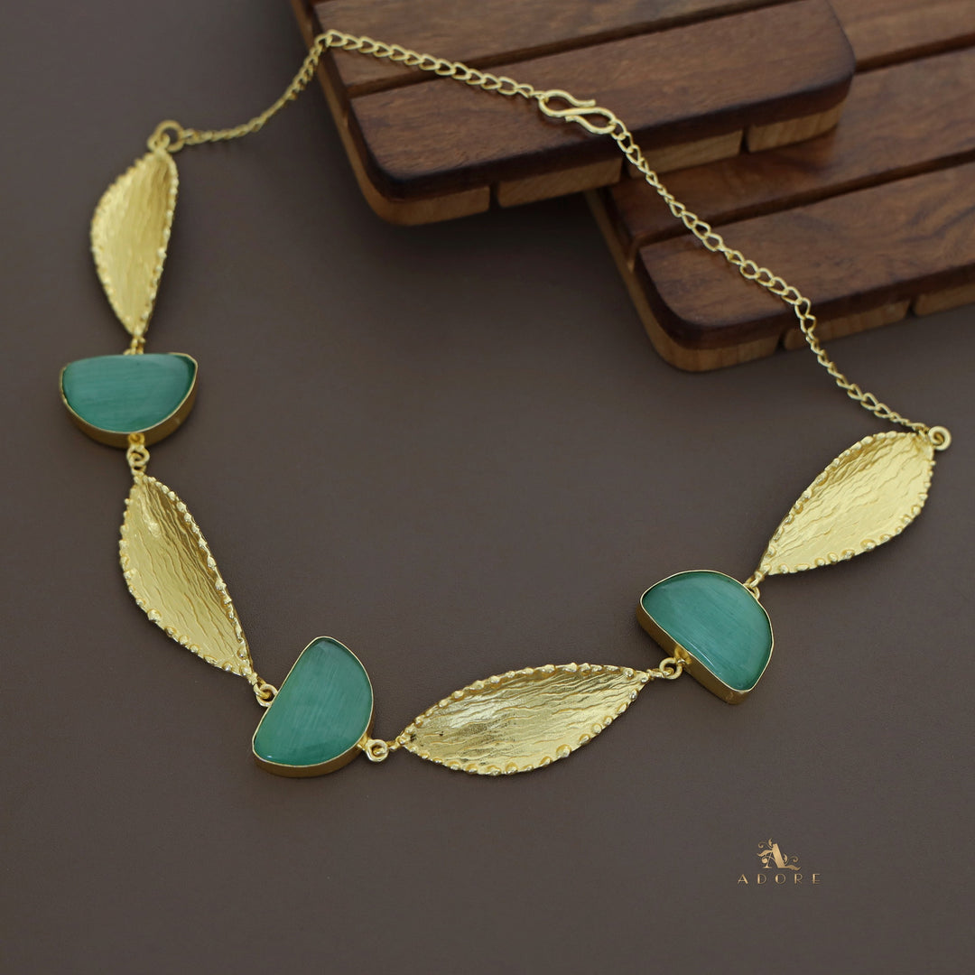 Semi Circle Golden Textured Leaf Short Neckpiece