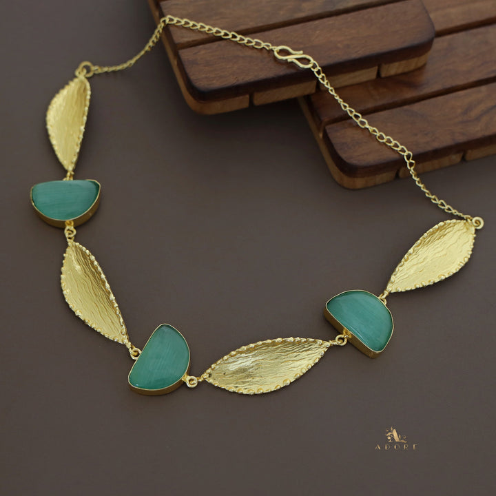 Semi Circle Golden Textured Leaf Short Neckpiece