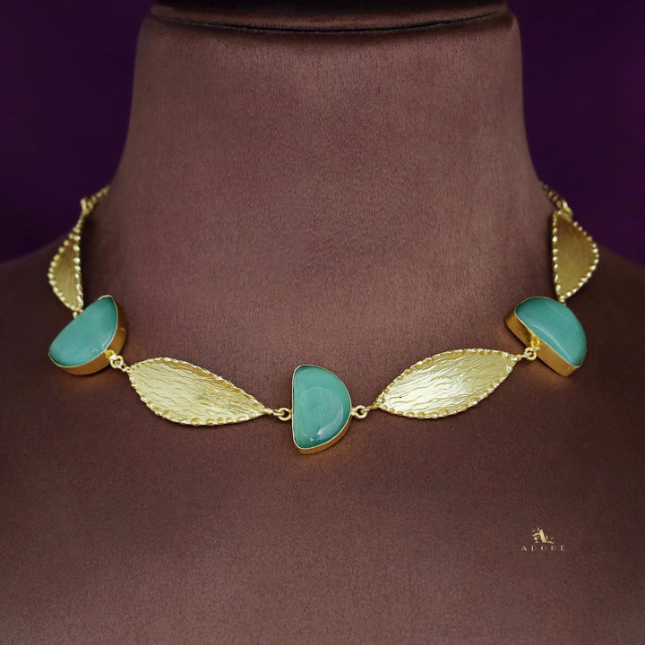Semi Circle Golden Textured Leaf Short Neckpiece
