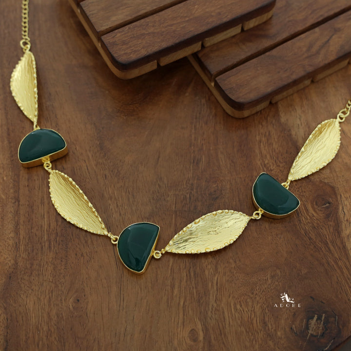 Semi Circle Golden Textured Leaf Short Neckpiece