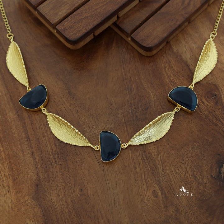 Semi Circle Golden Textured Leaf Short Neckpiece