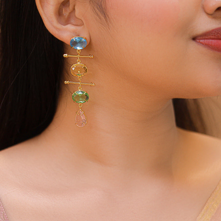 Dual Golden Stick And Oval Drop Glossy Earring