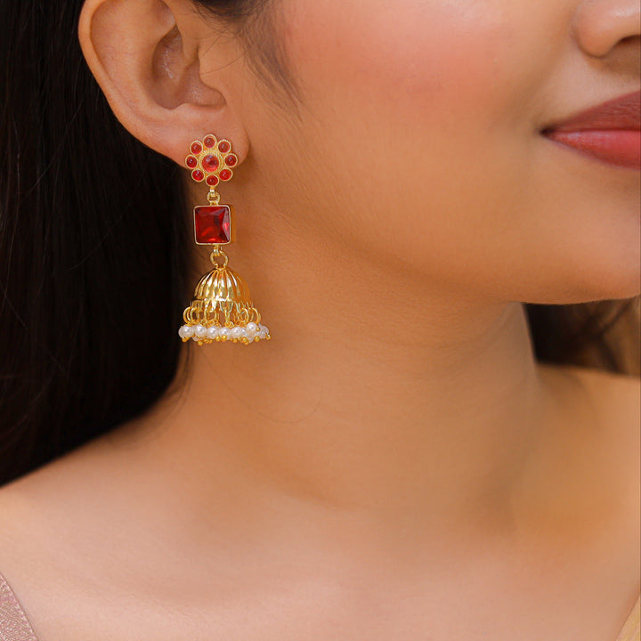Muktha Golden Floral Glossy Stone Jhumka