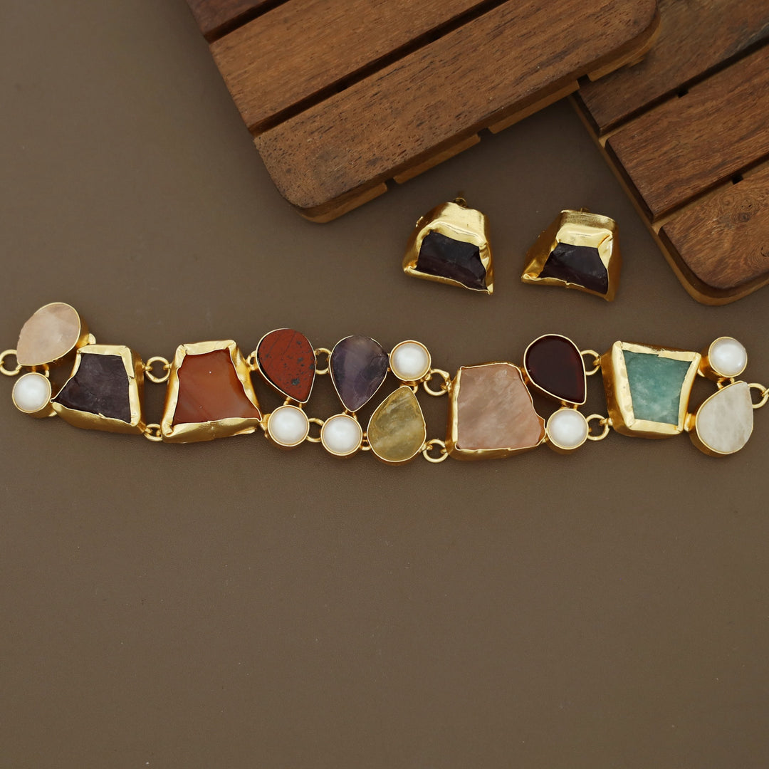 Brenda Golden Raw Stone + Pearl Choker With Stud