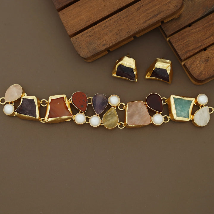 Brenda Golden Raw Stone + Pearl Choker With Stud