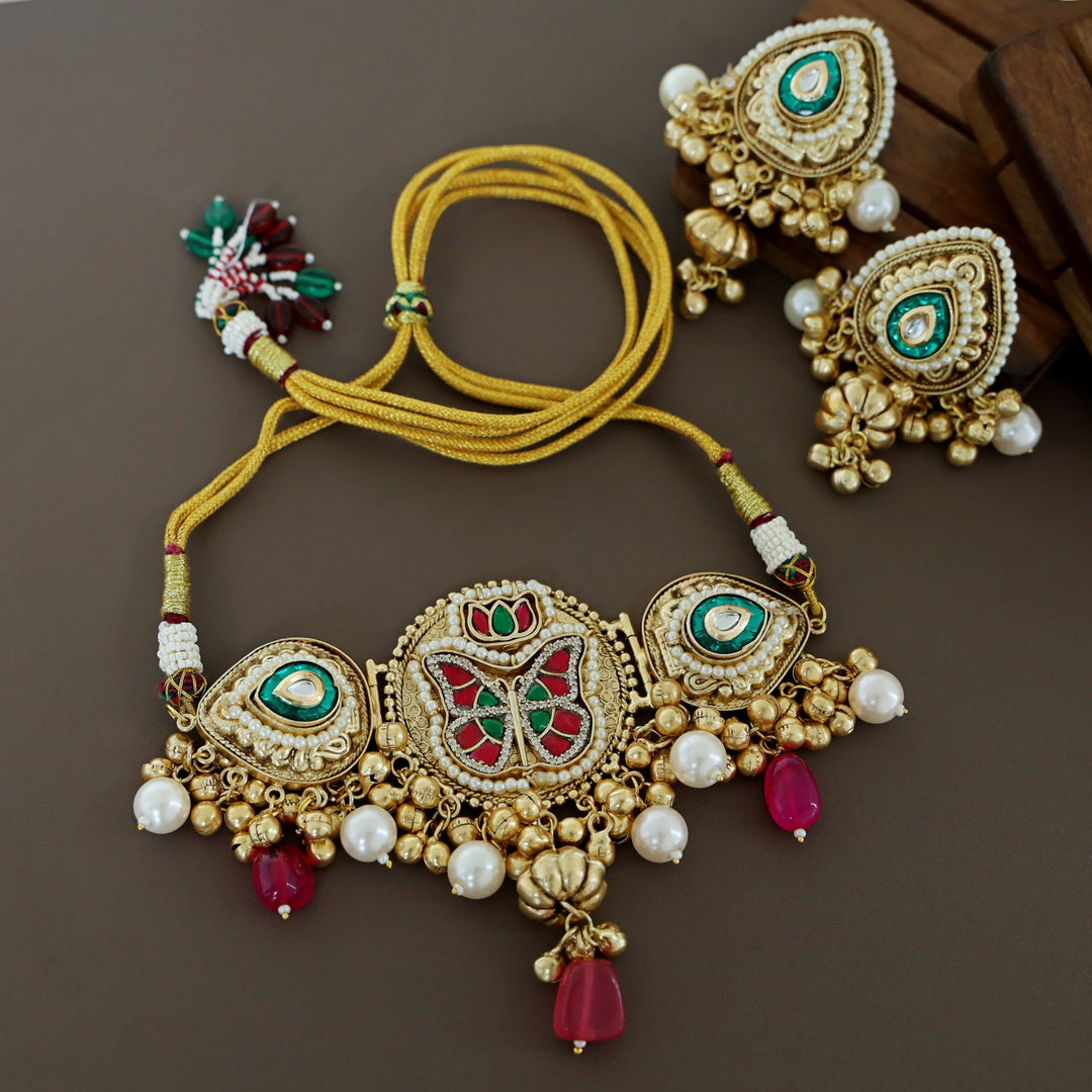 Bahuda Butterfly Jadau Kundan Pearl Choker With Earring