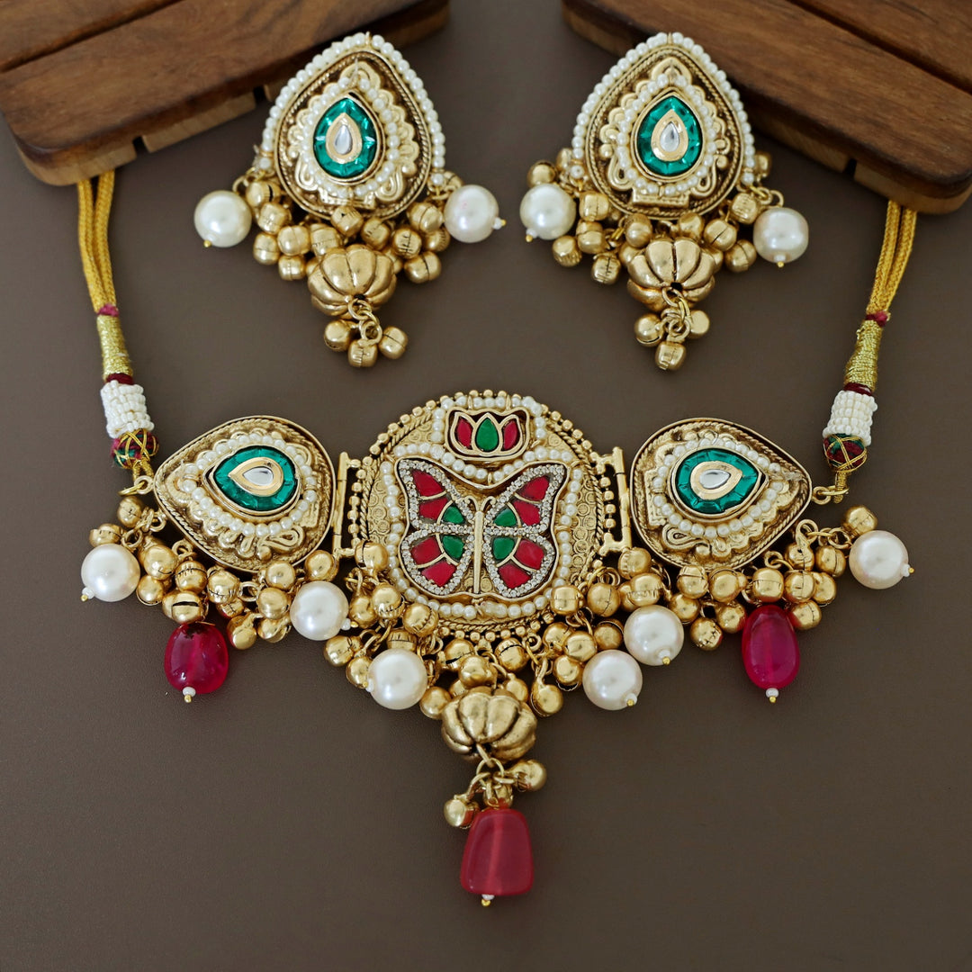 Bahuda Butterfly Jadau Kundan Pearl Choker With Earring
