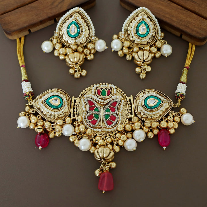 Bahuda Butterfly Jadau Kundan Pearl Choker With Earring