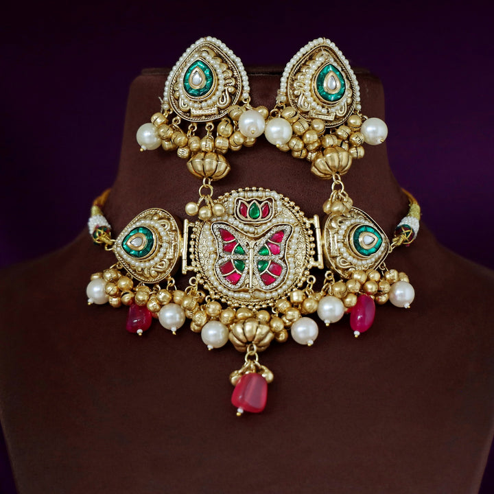Bahuda Butterfly Jadau Kundan Pearl Choker With Earring