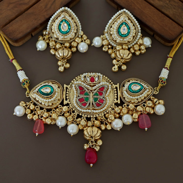 Bahuda Butterfly Jadau Kundan Pearl Choker With Earring