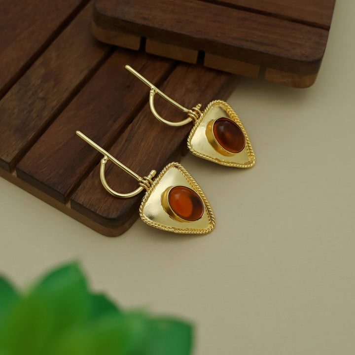 Golden Stick Inverted Triangle Oval Glossy Stone Earring