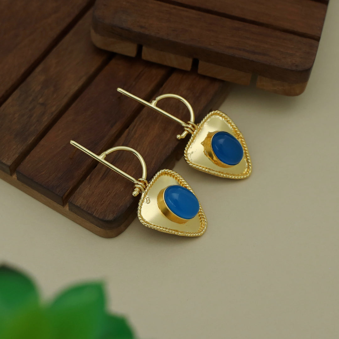Golden Stick Inverted Triangle Oval Glossy Stone Earring