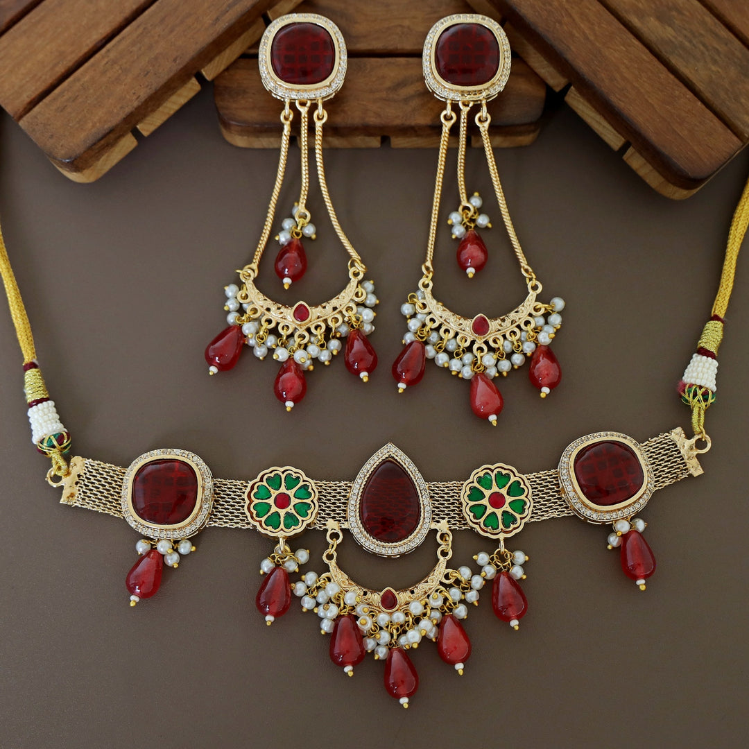 Adira Jadau Kundan Pearl Beaded Choker With Earring