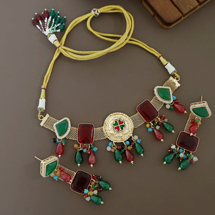 Golden Circle Jadau Kundan Flower Glossy Choker With Earring