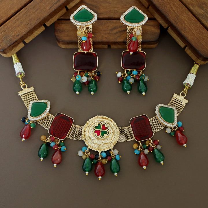 Golden Circle Jadau Kundan Flower Glossy Choker With Earring