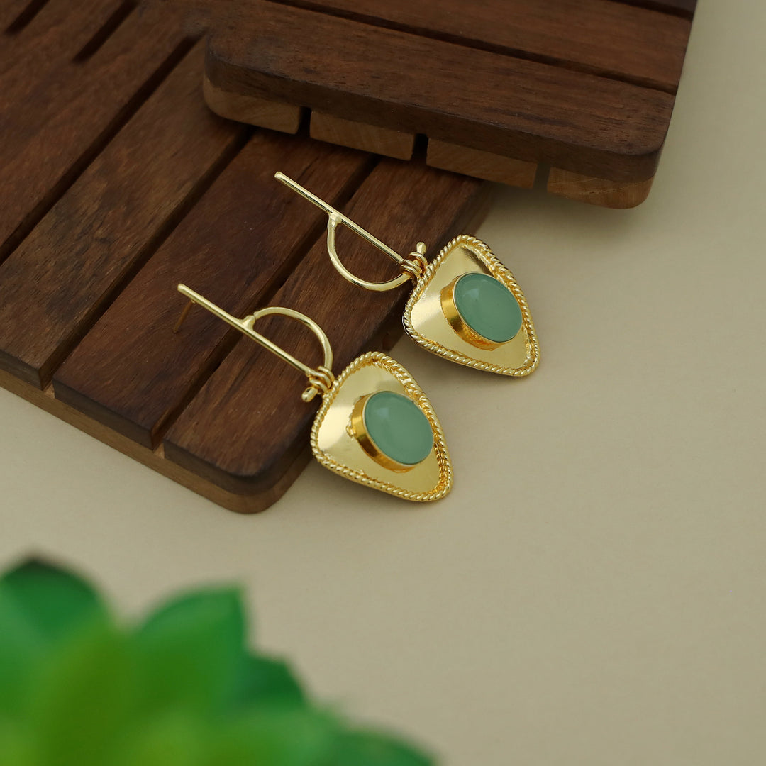 Golden Stick Inverted Triangle Oval Glossy Stone Earring
