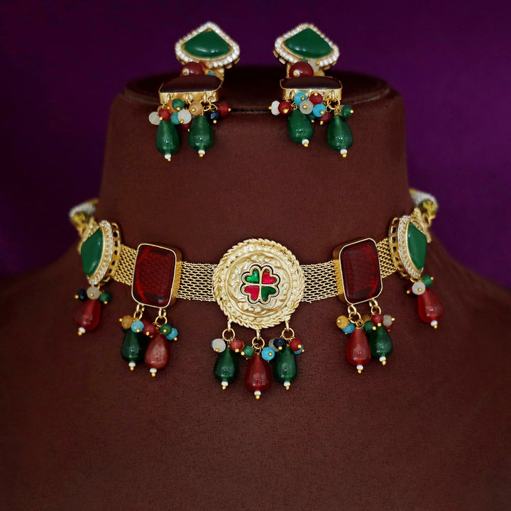 Golden Circle Jadau Kundan Flower Glossy Choker With Earring