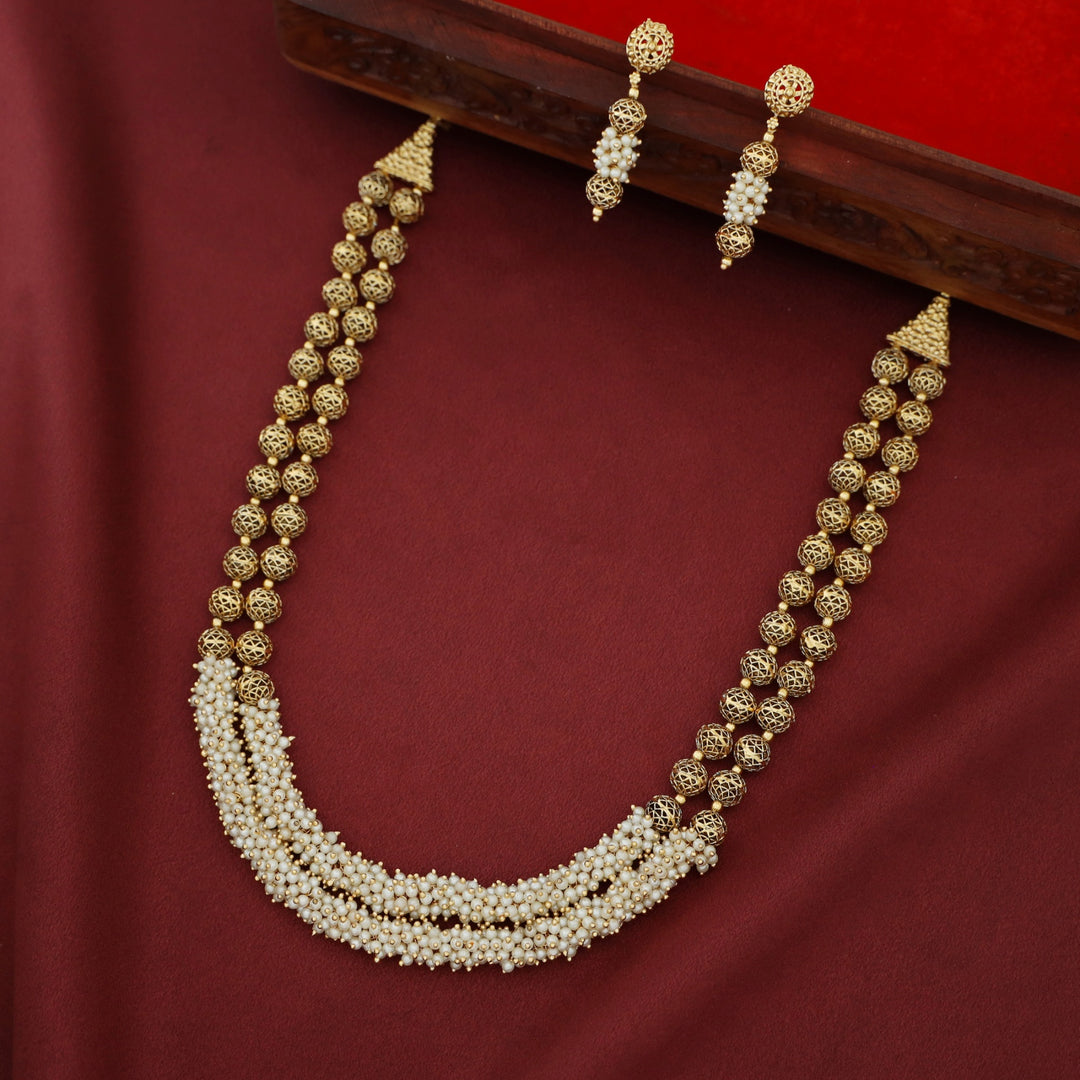 Sheba Golden Ball 2 Layer Cluster Pearl Neckpiece With Earring