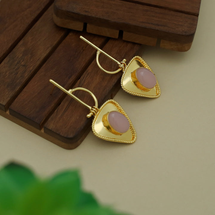Golden Stick Inverted Triangle Oval Glossy Stone Earring