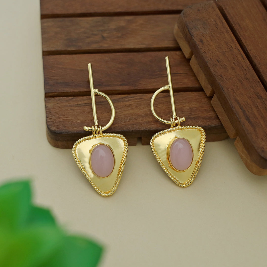 Golden Stick Inverted Triangle Oval Glossy Stone Earring