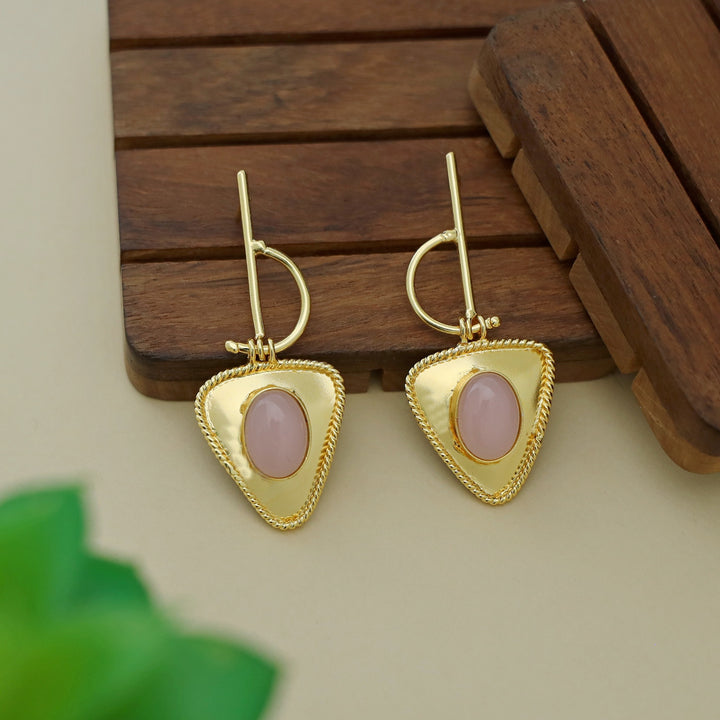 Golden Stick Inverted Triangle Oval Glossy Stone Earring