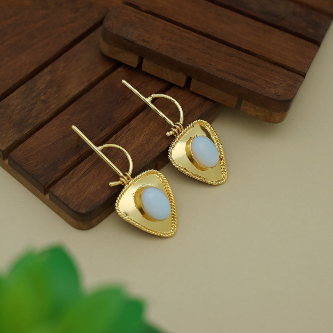 Golden Stick Inverted Triangle Oval Glossy Stone Earring