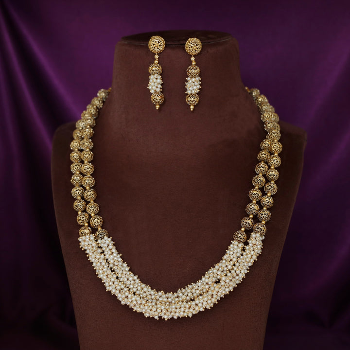 Sheba Golden Ball 2 Layer Cluster Pearl Neckpiece With Earring