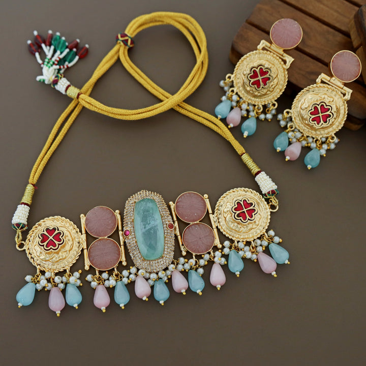 Banhi Jadau Kundan Flower Pearl Beaded Choker With Earring