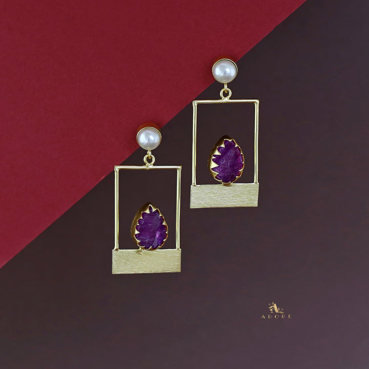 Golden Box And Drop Dyed Stone Pearl Earring