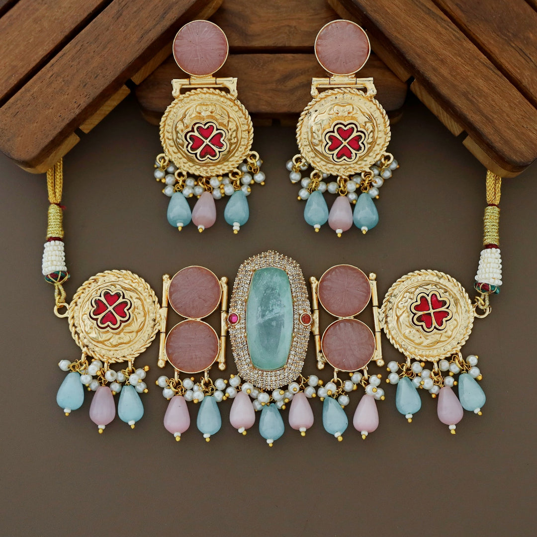 Banhi Jadau Kundan Flower Pearl Beaded Choker With Earring