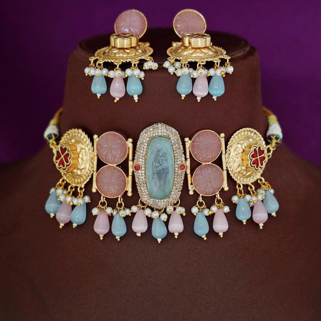 Banhi Jadau Kundan Flower Pearl Beaded Choker With Earring