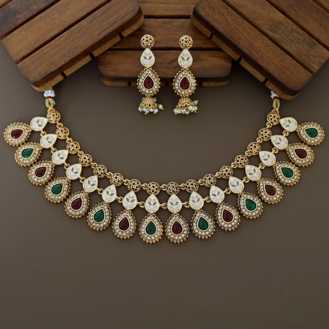 Bandhavi Hand Painted Drop Short Neckpiece With Earring