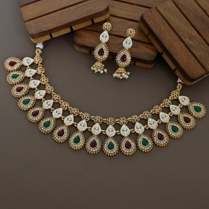 Bandhavi Hand Painted Drop Short Neckpiece With Earring
