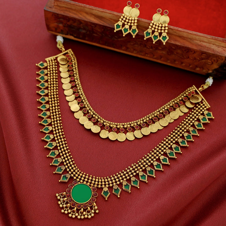 Chandni 2 Layer Palakka Kashi Neckpiece With Earring