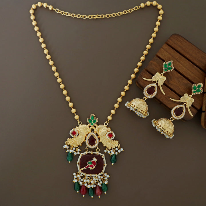 Pranali Gold Ball Dual Mayura Jadau Kundan Long Neckpiece With Earring