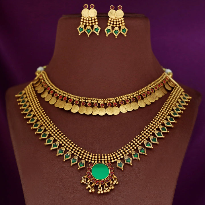 Chandni 2 Layer Palakka Kashi Neckpiece With Earring