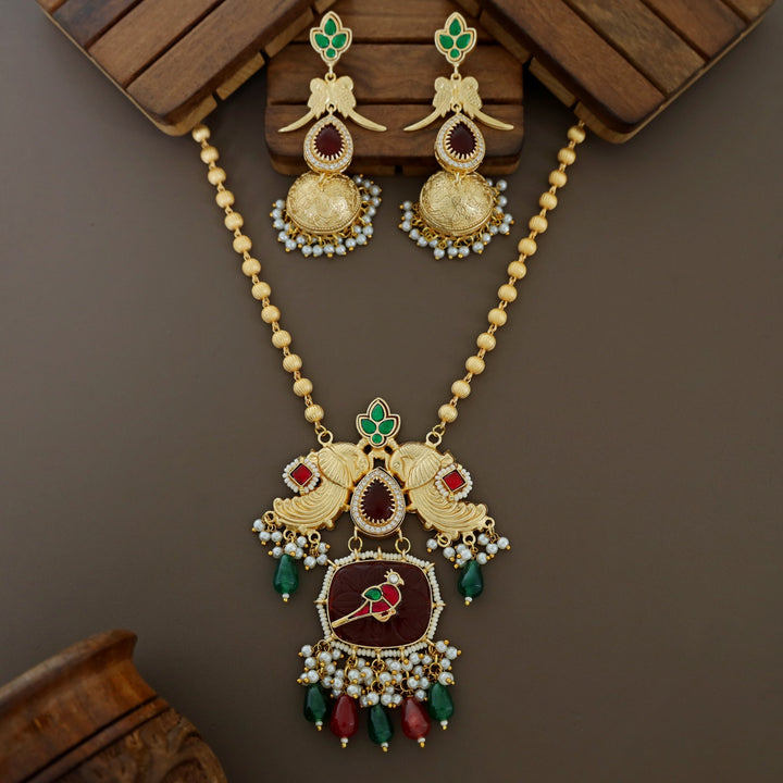 Pranali Gold Ball Dual Mayura Jadau Kundan Long Neckpiece With Earring