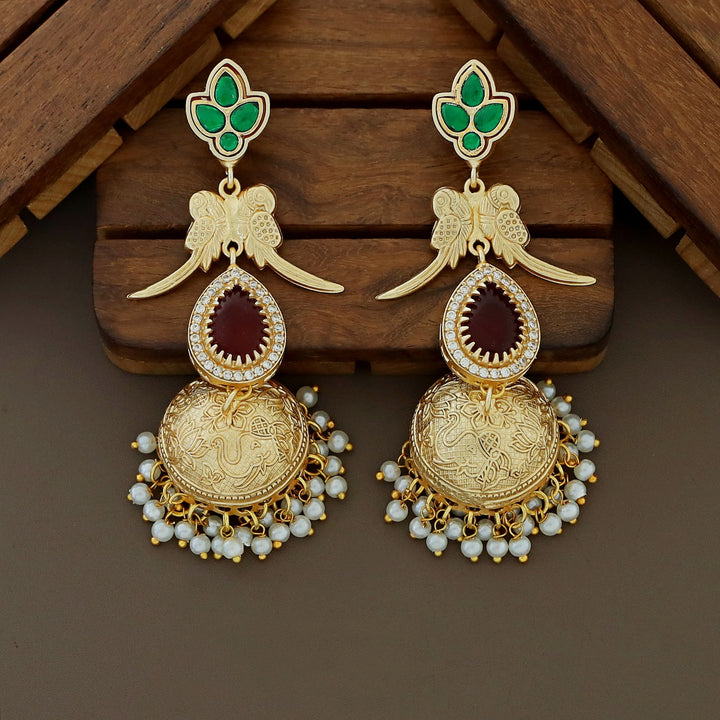 Pranali Gold Ball Dual Mayura Jadau Kundan Long Neckpiece With Earring