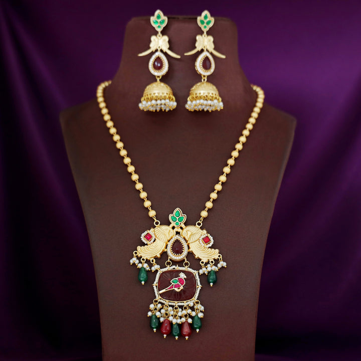 Pranali Gold Ball Dual Mayura Jadau Kundan Long Neckpiece With Earring