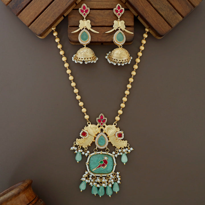 Pranali Gold Ball Dual Mayura Jadau Kundan Long Neckpiece With Earring