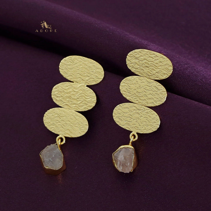 Golden Textured Tri Oval Raw Stone Earring