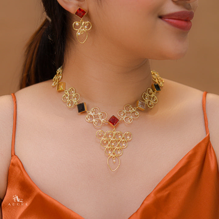 Cressida Diamond Glossy Pearl Triangle Neckpiece With Earring
