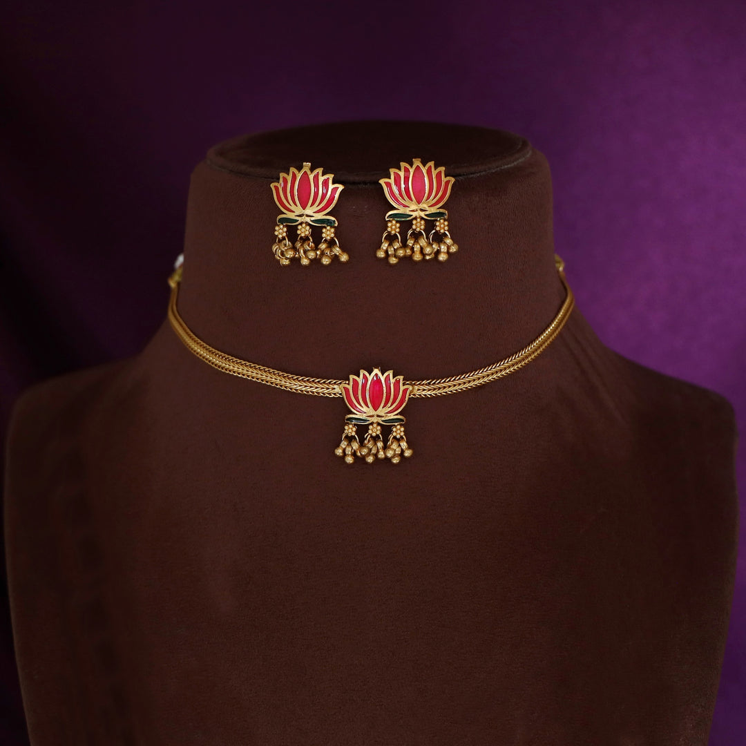 Advaita Enamel Single Lotus Choker With Earring