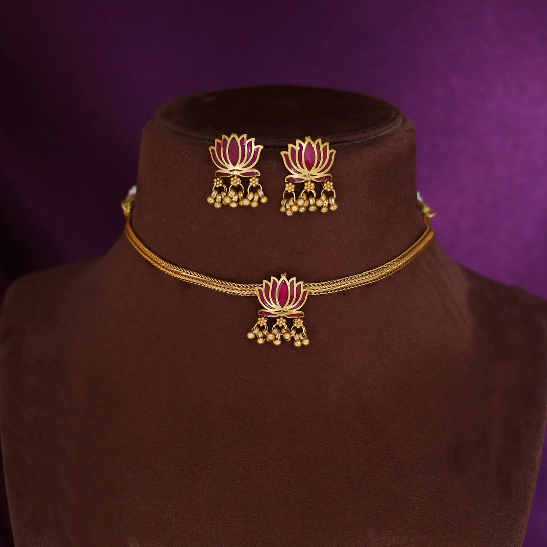 Advaita Enamel Single Lotus Choker With Earring