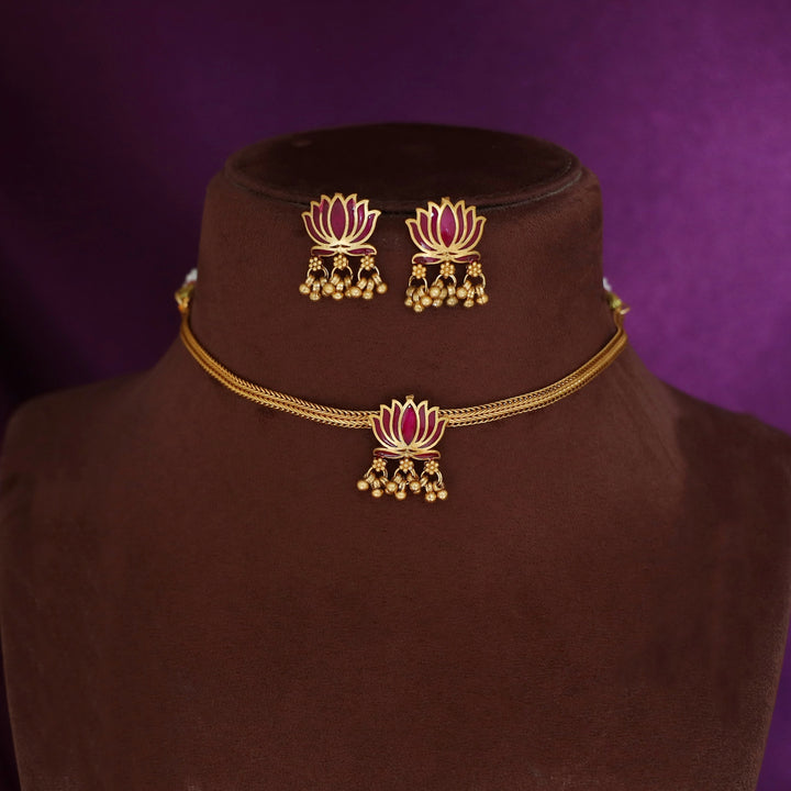 Advaita Enamel Single Lotus Choker With Earring