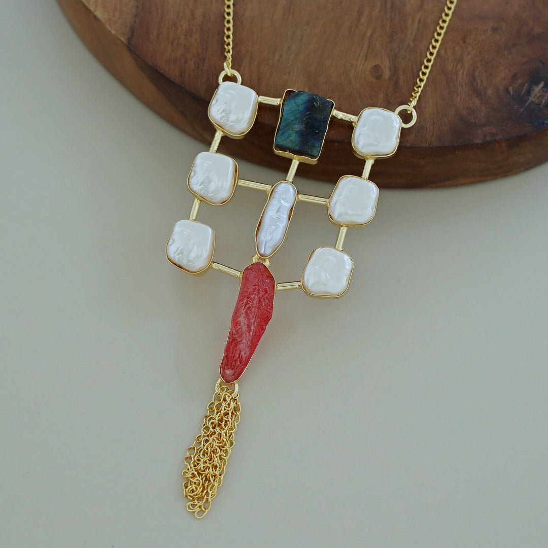 Golden Real Baroque + Dyed + Raw Stone Long Neckpiece