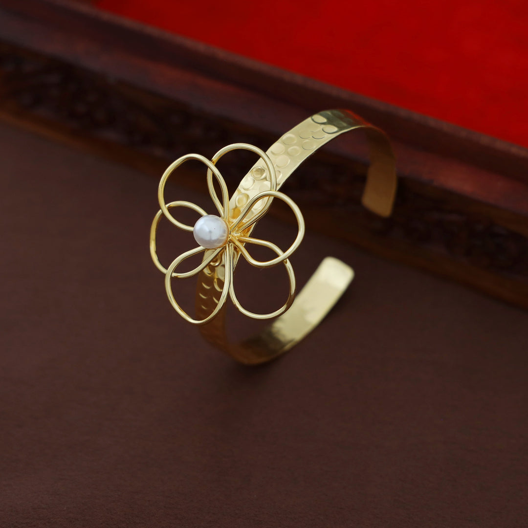 Denise Golden Hammered Flower Pearl Bangle