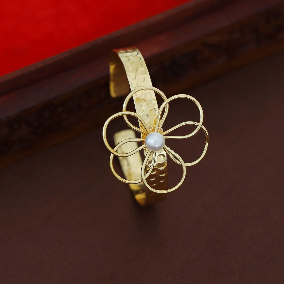 Denise Golden Hammered Flower Pearl Bangle